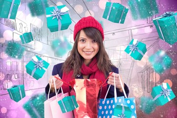 Poster - Composite image of smiling brunette opening gift bag