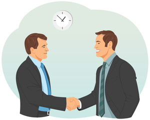 two smiling businessman in suits is handshaking