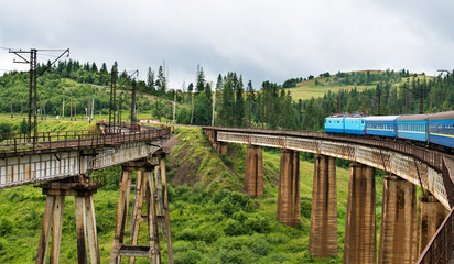 Wall Mural - Train going across the bridge in the Carpathians