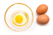 © spafra - Open egg on bowl on white background seen from above