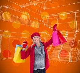 Poster - Blonde in winter clothes holding shopping bags