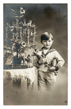 Happy Boy With Christmas Tree, Gifts And Vintage Toys. Antique P