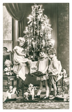 Happy Kids With Christmas Tree, Gifts And Vintage Toys. Antique