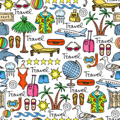 Vector pattern with hand drawn symbols of travel