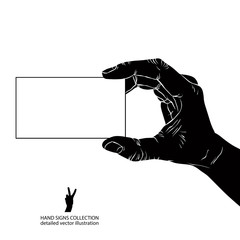 Wall Mural - Hand showing business card, detailed black and white vector illu