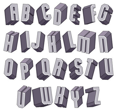3d geometric bold font, monochrome dimensional alphabet.