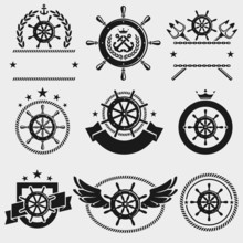 Ship Steering Wheel Label And Element Set. Vector