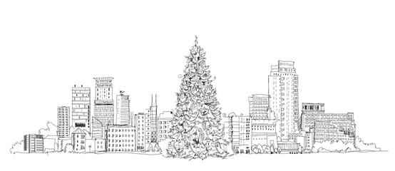 Wall Mural - Christmas tree in London, sketch collection