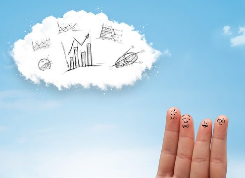 Happy smiley fingers looking at cloud with hand drawn charts