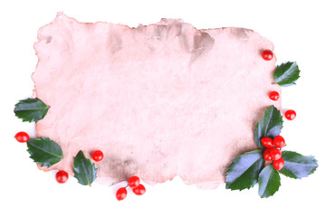 Wall Mural - Empty paper with European Holly (Ilex aquifolium) with berries,