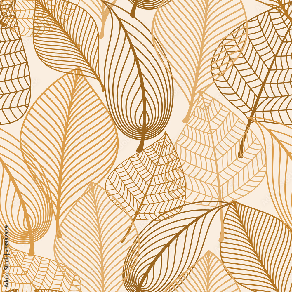Atumnal seamless pattern with brown leaves - obrazy, fototapety, plakaty 