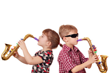 Wall Mural - little girl and boy playing saxophone