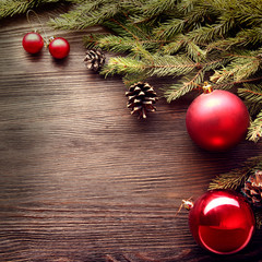 Wall Mural - Christmas Tree and decorations on wooden background