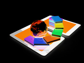 tablet pc and earth with colorful real books