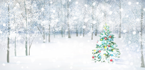 Wall Mural - vector christmas tree in snowy forest.