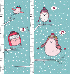 Winter illustration with birds singing on branch