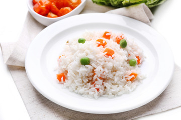 Canvas Print - Vegetable rice served on table, close-up