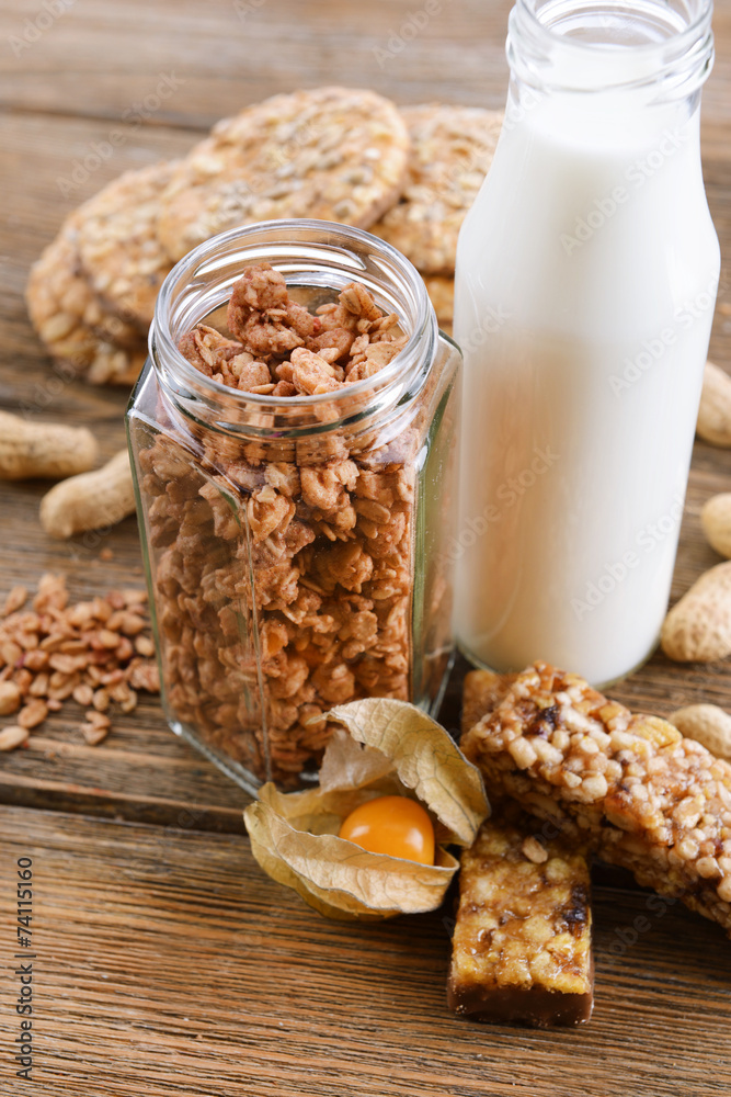 Healthy breakfast. Granola on table