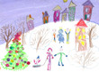 Watercolor children drawing winter sleigh ride