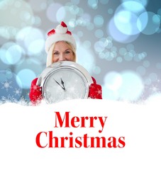 Fototapete - Composite image of happy festive blonde with clock