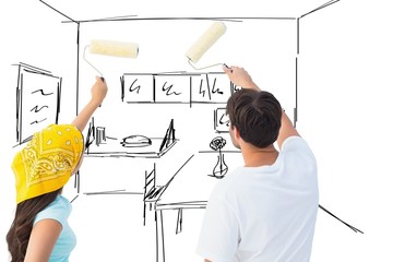 Poster - Composite image of happy young couple painting together