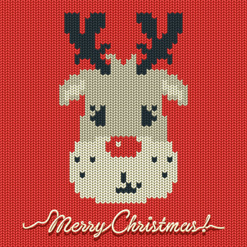 Christmas knitted card or background with a deer