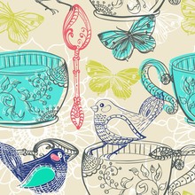 Tea Time Illustration With Flowers And Bird, Seamless Pattern