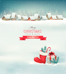 Poster - Holiday Christmas background with a village, a boot and a gift b