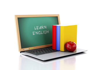 Poster - Laptop with chalkboard. Learn English concept. 3d illustration