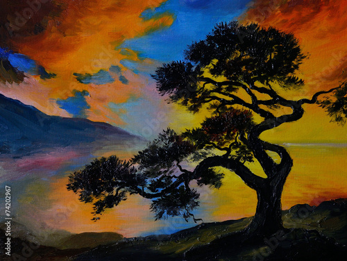 Naklejka - mata magnetyczna na lodówkę Oil painting landscape - tree near the lake at sunset