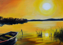 Oil Painting Landscape - Beautiful Lake At Colorful Sunset, With