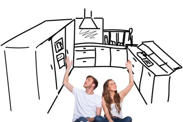 Composite image of happy young couple with hands raised