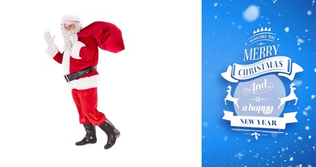 Poster - Composite image of santa holding a sack and waving