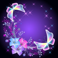 Wall Mural - Glowing background with flowers and butterflies