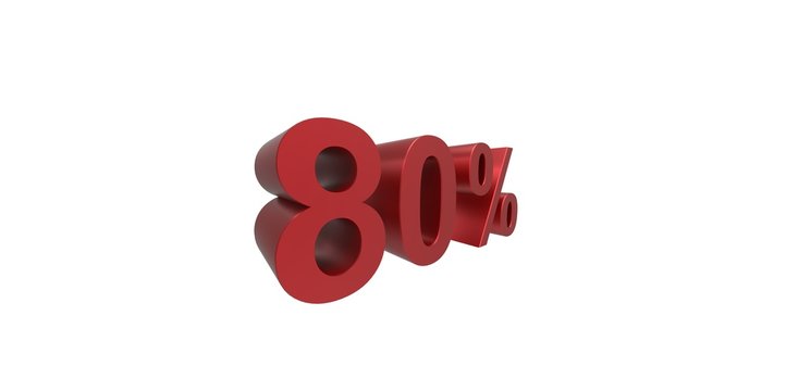 3D rendering of a red 80 percent letters on a white background