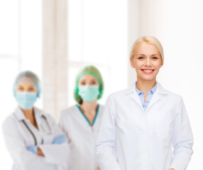 Sticker - smiling female doctor with group of medics