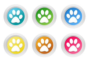 Wall Mural - set of rounded colorful buttons with pet footprints symbol
