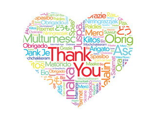 Wall Mural - Colorful Thank You Word Cloud, composed in the shape of heart