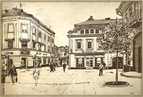 Naklejka - mata magnetyczna na lodówkę sketch vector illustration of Uzhgorod cityscape