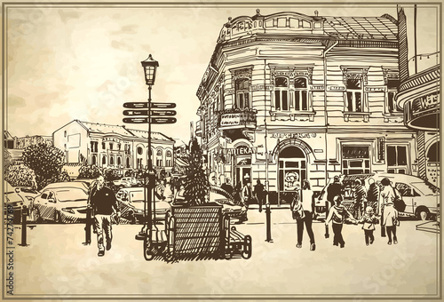 Naklejka - mata magnetyczna na lodówkę sketch vector illustration of Uzhgorod cityscape