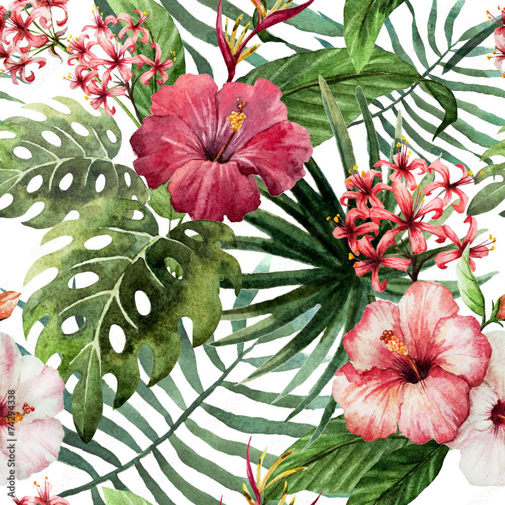 pattern orchid hibiscus leaves watercolor tropics - obrazy, fototapety, plakaty 