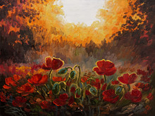Oil Painting - Abstract Illustration Of Poppies On A Red-yellow