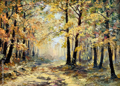 Naklejka - mata magnetyczna na lodówkę oil painting landscape - autumn forest, full of fallen leaves, c