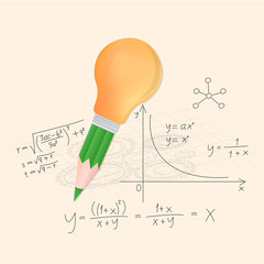 Pencil and lightbulb with math calculations vector illustration.