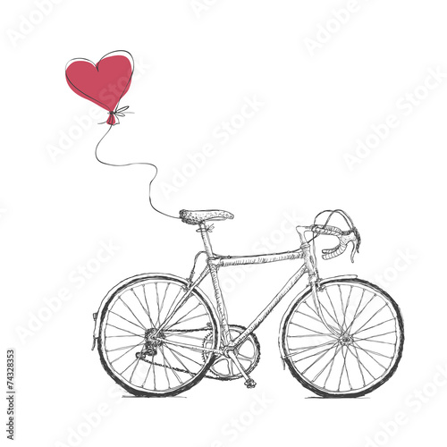 Fotografie, Obraz Vintage Valentines Illustration with Bicycle and Heart Baloon
