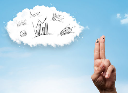 Happy smiley fingers looking at cloud with hand drawn charts