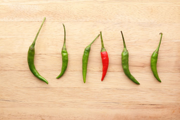 Red chilli pepper standing out from green chilli peppers