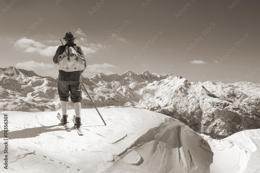 Black and white photos, Sepia Vintage skier with wooden skis - obrazy, fototapety, plakaty 
