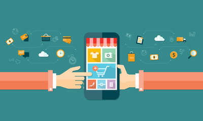 Poster - vector business mobile online shopping and e-marketing