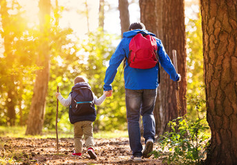 father and son walking in autumn forest